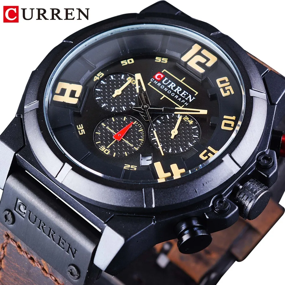 

CURREN Brown Leather Belt Waterproof Chronograph Big Dial Men Military Wrist Watch Top Brand Luxury Quartz Sport Watch Men Clock