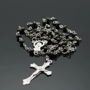 

Black Rosary Beads Religious Catholic Rosary Necklace Five-Decade Rosary Prayer Jesus Crucifix Stars Mary Centerpiece