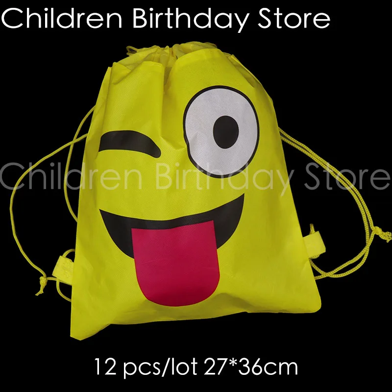 

12pcs/lot cute tongue emoji gift bags kids birthday party decorations funny emoji drawstring bags cute emoji backpack bags