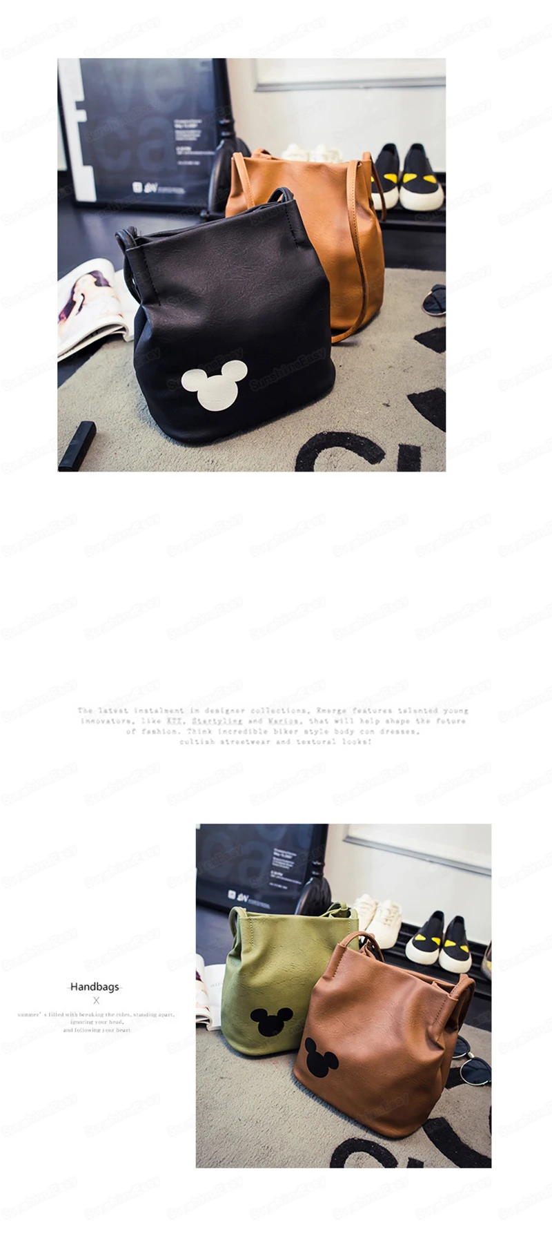 Disney Mickey Mouse Cartoon Bucket Bag Shoulder Shopper Lady Handbag Women Shopping Leisure PU Two Shoulder Straps Satchel