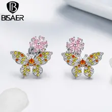 BISAER, новинка, роскошные серьги-гвоздики с розовыми кристаллами, маргаритками, желтыми цирконами и бабочками, женские корейские серьги, ювелирное изделие, WEYE190