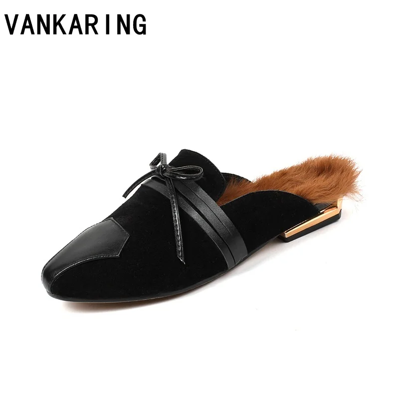 

VANKARING casual date women flats dress shoes qulaity autumn winter home flats square toe warm shoes black leather fur slippers