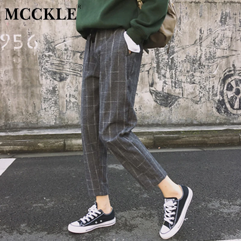 

Women's Plaid High Waist Harem Pants Ankle-Length Pockets Loose Trousers Female 2019 Spring Summer Casual Ladies Bottoms