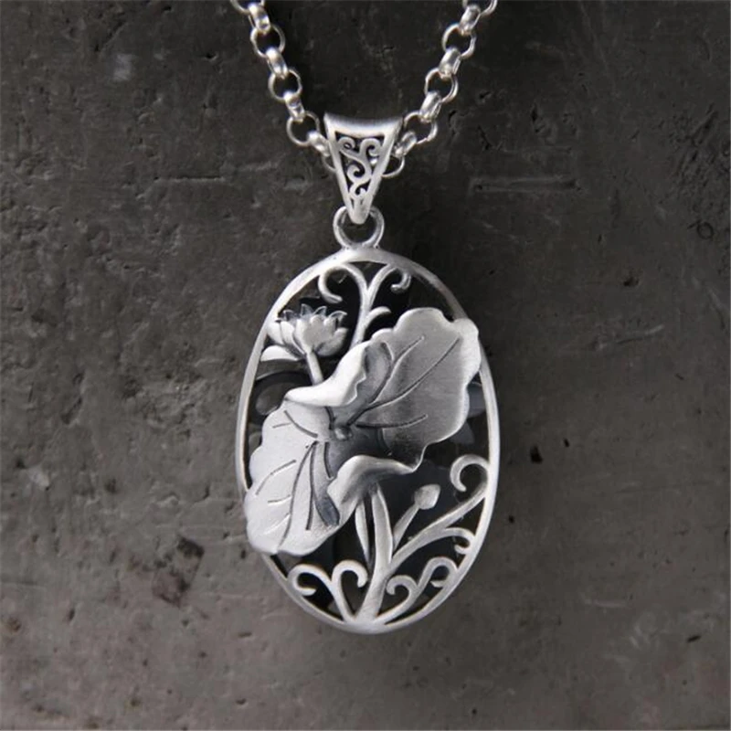 

Real 925 Sterling Silver Handmade Fine Jewelry Oval Hollow Lotus and Lotus Leaf Necklace Pendant without Chain Women 42*25MM 12.