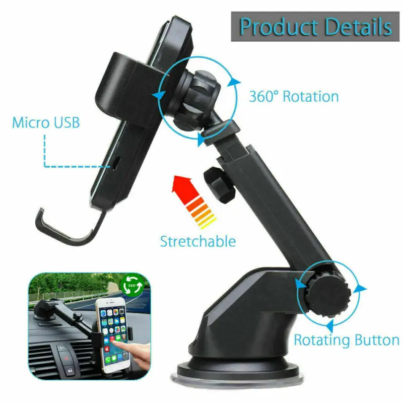 

Qi Wireless Fast Charging Car Charger Mount Holder Stand 2 in 1 For Cell Phone