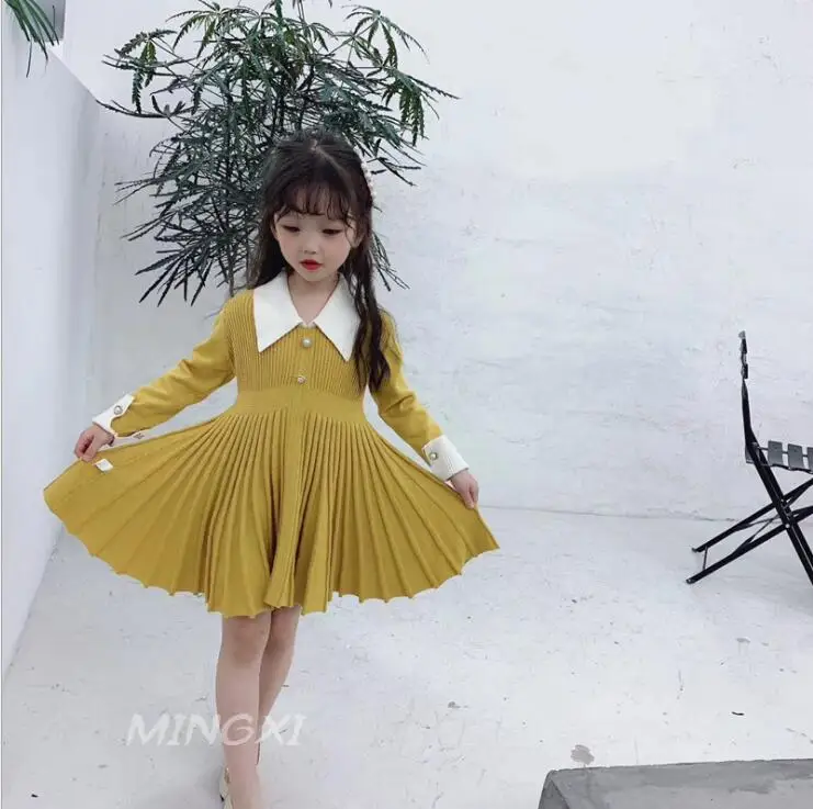 Г.,, вязаное платье в Корейском стиле для девочек модные драпированные платья на осень-зиму для девочек от 2 до 7 лет, C45