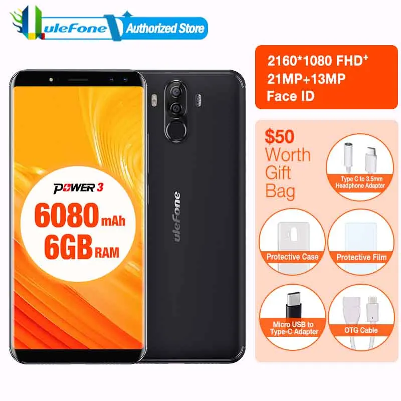 Ulefone Мощность 3 6 0 &quot18:9 полный Экран смартфон 6080 мАч ГБ 64 MT6763 Восьмиядерный Face ID