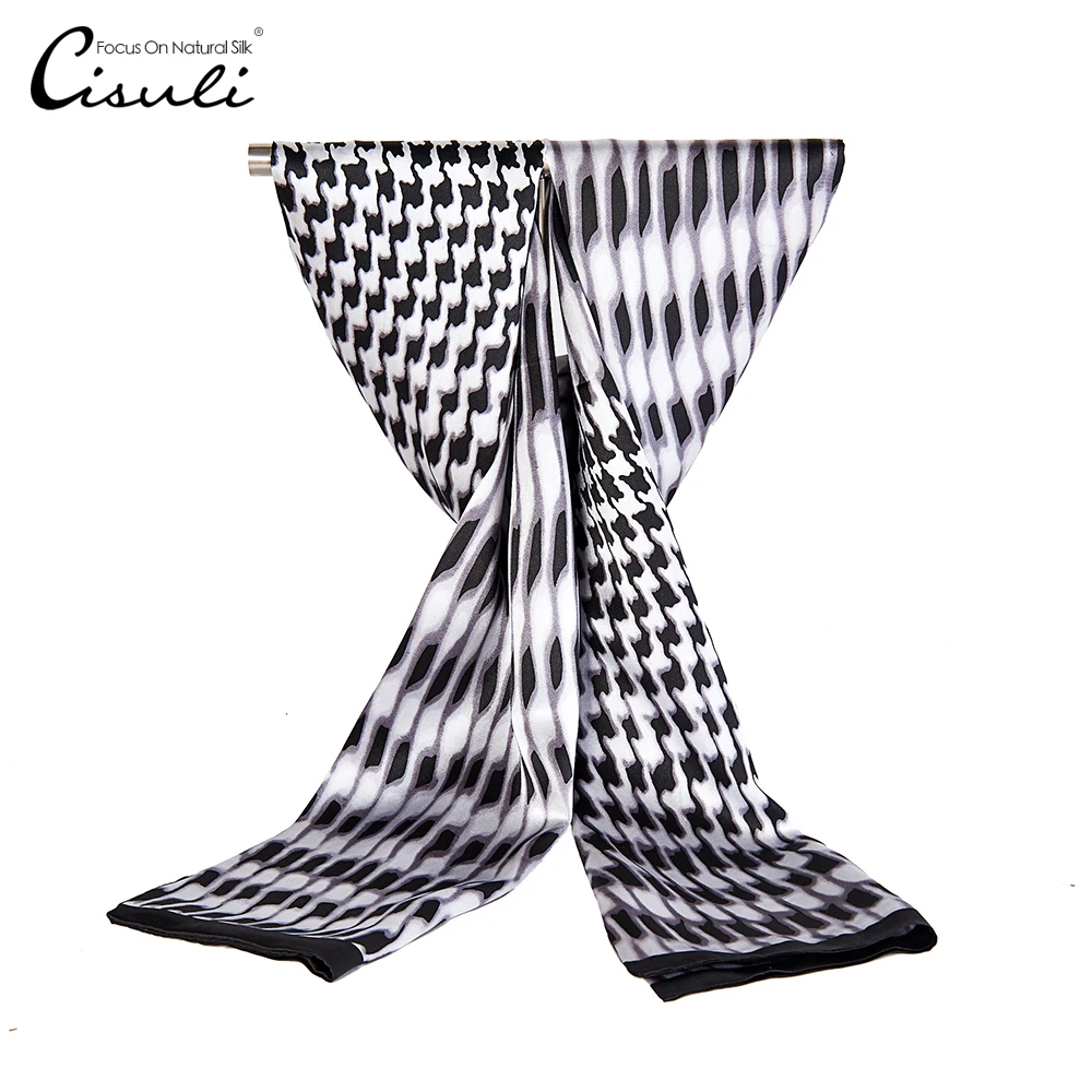 

CISULI 100%Silk Satin Long Scarf For Men 26X160cm New Desigual Classic Printed Pattern Gray Color New Trends