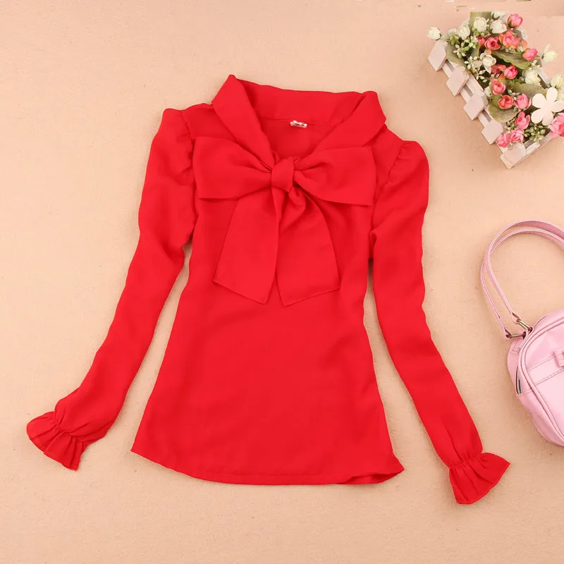 Одежда для маленьких девочек; коллекция года; Осенняя детская одежда; школьная блузка для девочек; Милая шифоновая Детская рубашка с бантом; детская одежда; Возраст От 1 до 16 лет - Цвет: Красный