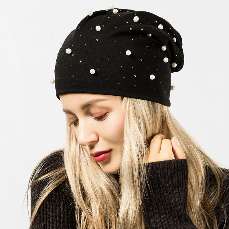 SuperB& G Новые Модные женские осенне-зимние Skullies Beanies Hat Shine Pearl Стразы Beanies шапки шапочка в стиле кэжуал Gorros