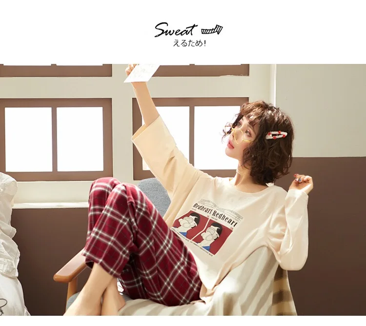 Для женщин пижамный комплект корейский стиль с длинным рукавом Комплект из 2 предметов топ + брюки хлопок Дамы Многоцветный шею 2019 Новые