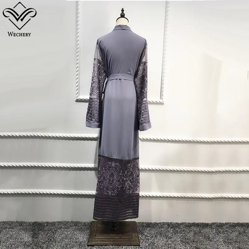 Wechery/модное кимоно abaya с кружевными вставками, Длинное свободное мусульманское платье макси, мусульманская одежда с цветочным принтом, открытая одежда, большие размеры