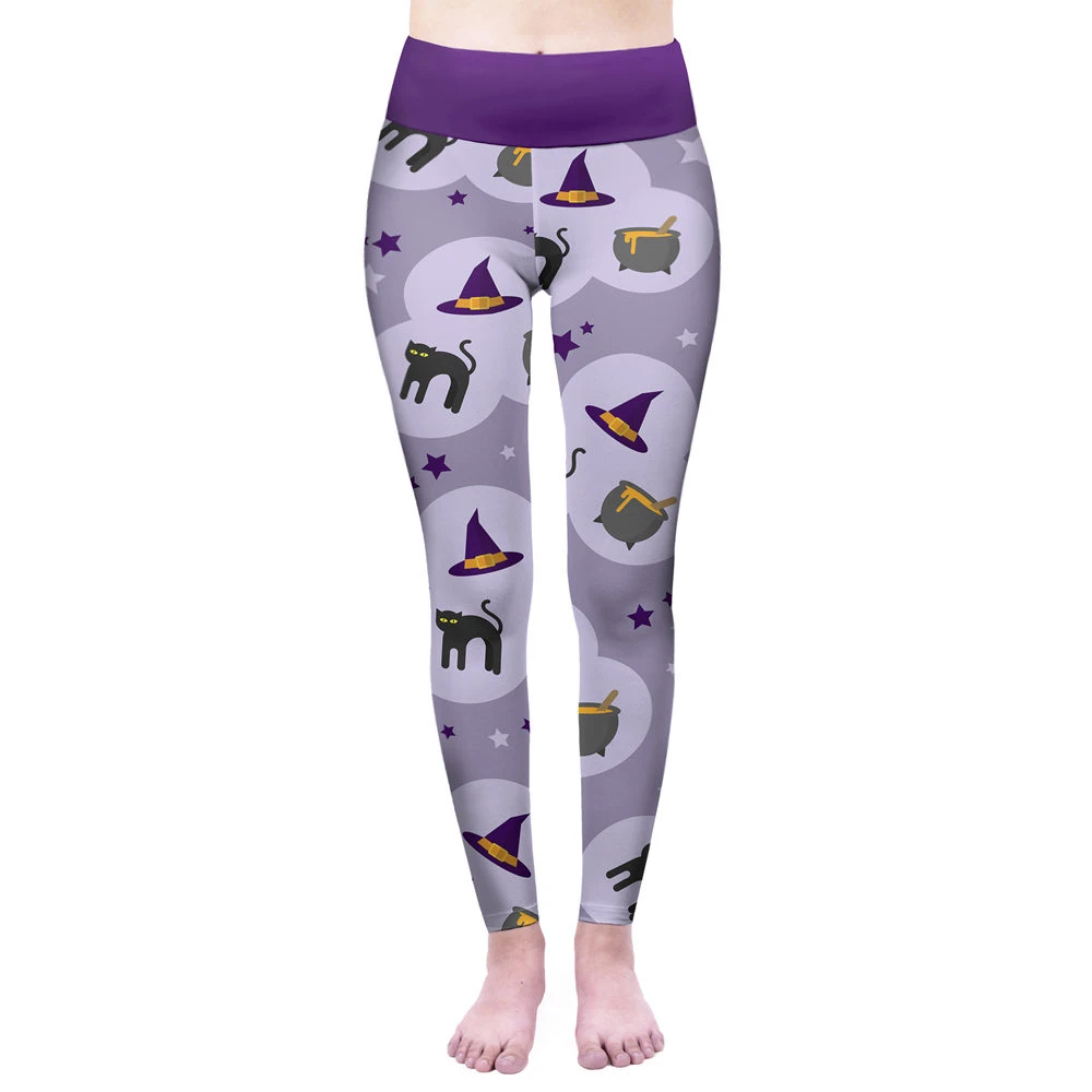 

Fashion Women High Waist Purple Witch Printing Leggins Slim Fitness Pants Punk Elasticity Leggings Workou Legins