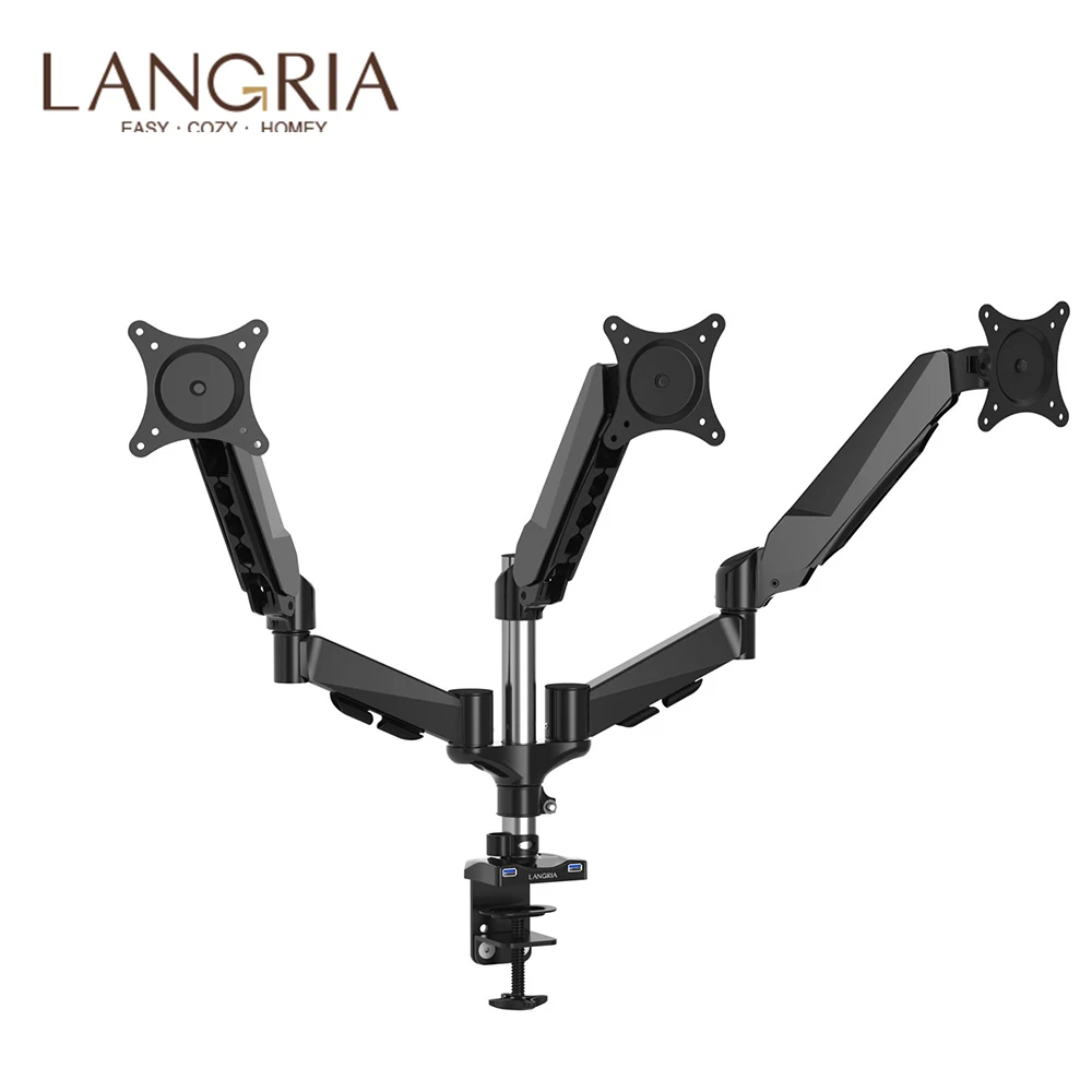 

LANGRIA Triple Monitor Arms Desk Mount Heavy-Duty Arms Mechanical Spring Adjustment for 3 15-27inch Flat-Panel Displays Monitors