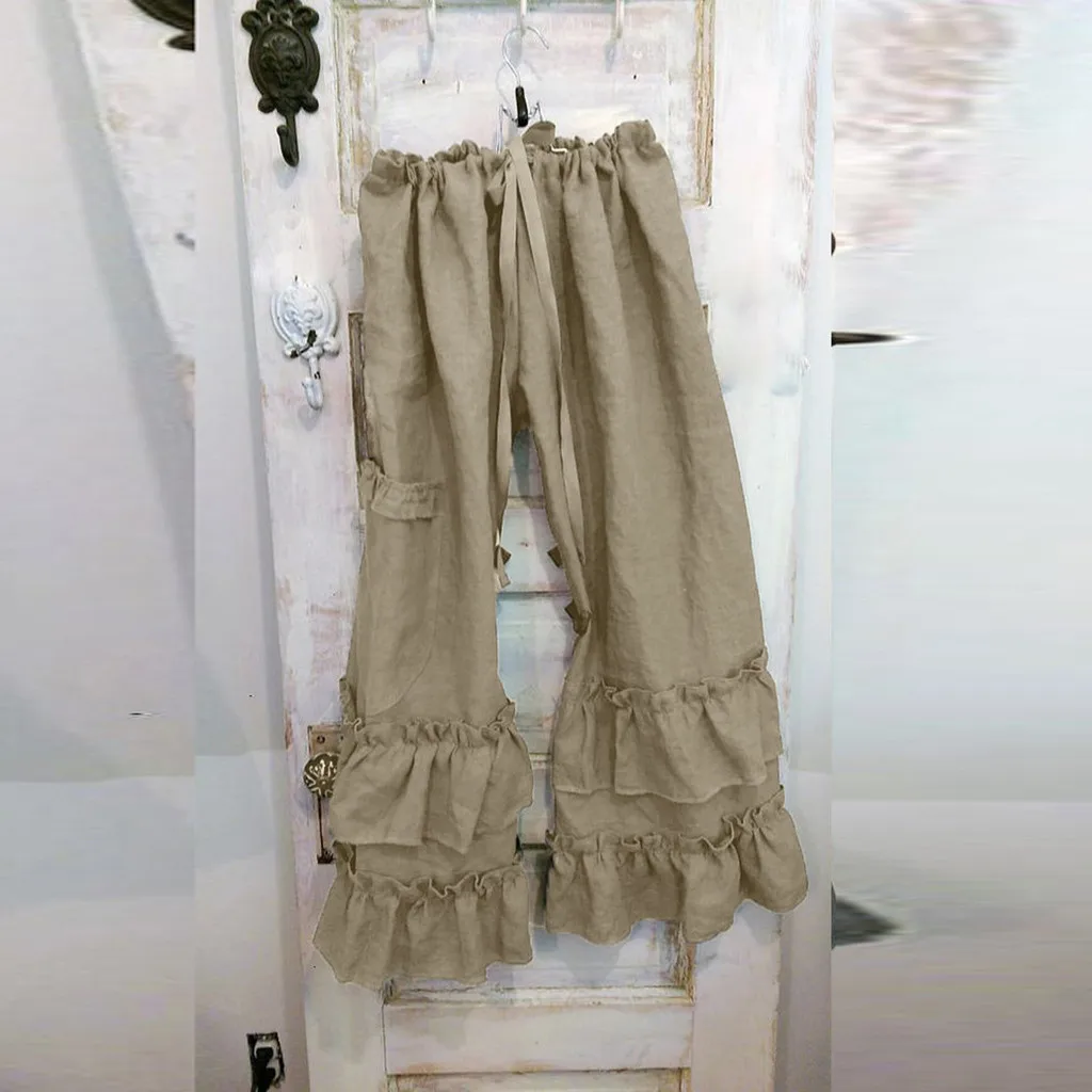 

Women Plus Size Solid Cotton Linen Folds Casual Ruffled Loose Pocket Pants pantalones mujer wide leg pants bell bottom pants