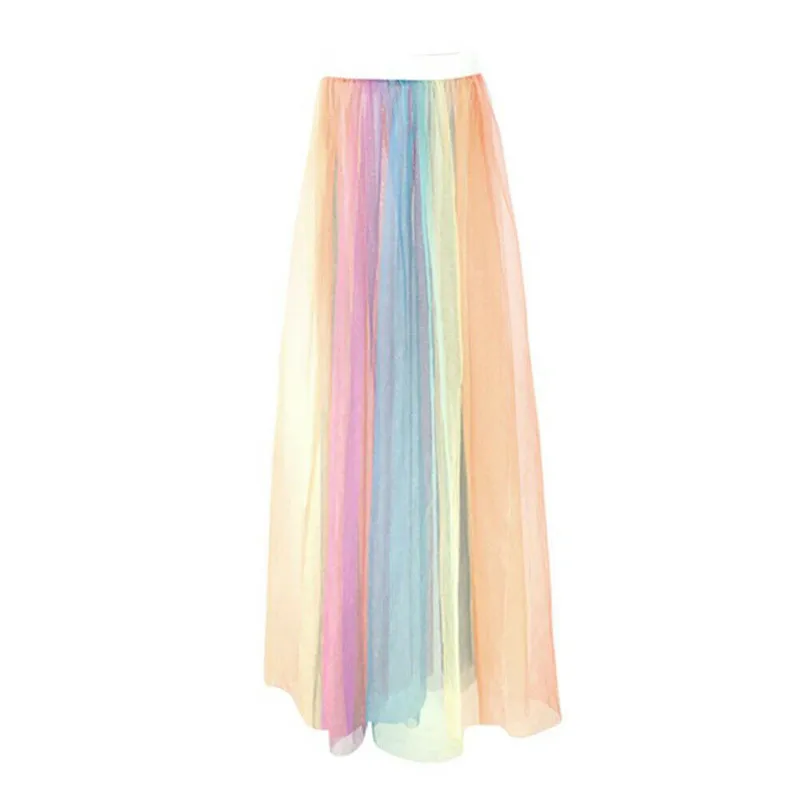 Летние женские радужные сетчатые длинные юбки размера плюс, модные эластичные макси юбки с высокой талией, повседневные женские сарафаны Vestidos