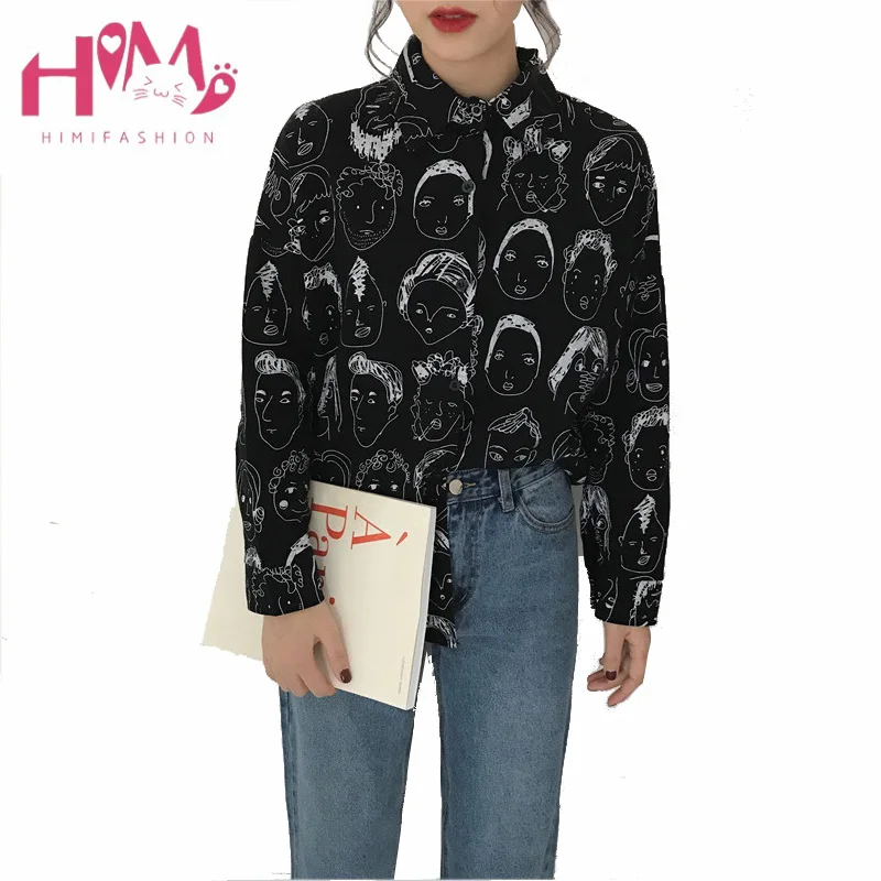 

Korean Fashion Lovely Face Printing Blouse Women Vintage Cartoon Graphic Funny Tops Shirts Harajuku Long Sleeve Student Shirts