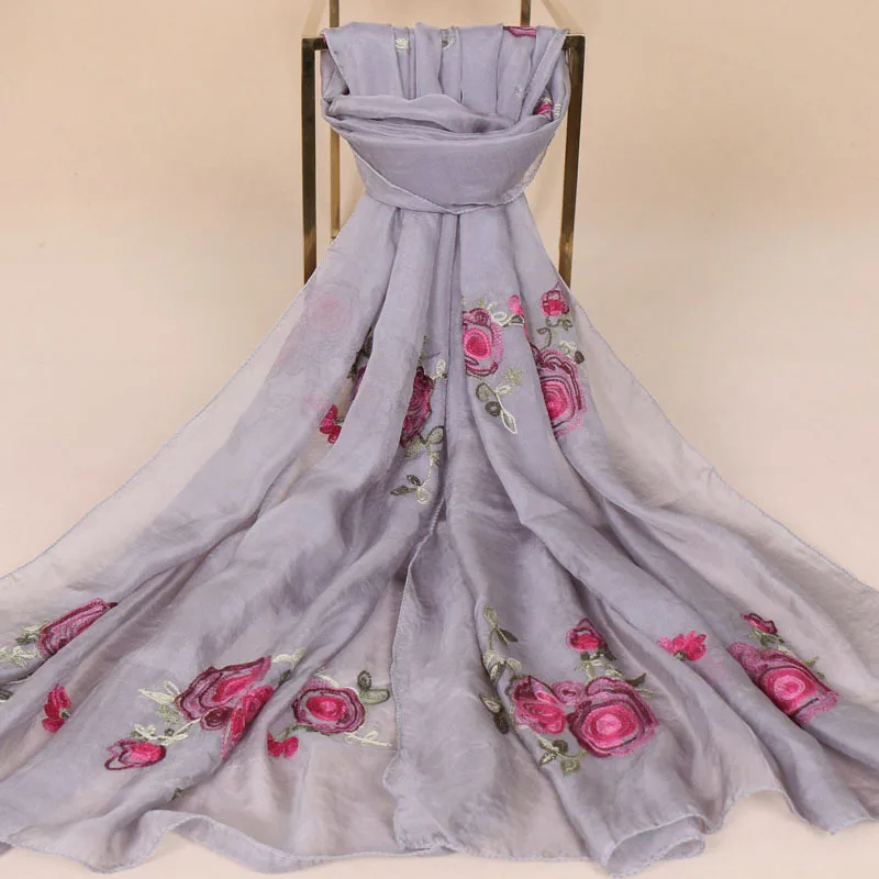 

175*75cm Long Embroidered Scarf Women Cotton Scarves Shawls Rose Flower Embroidery Scarf Muslin Viscose Hijab Foulard