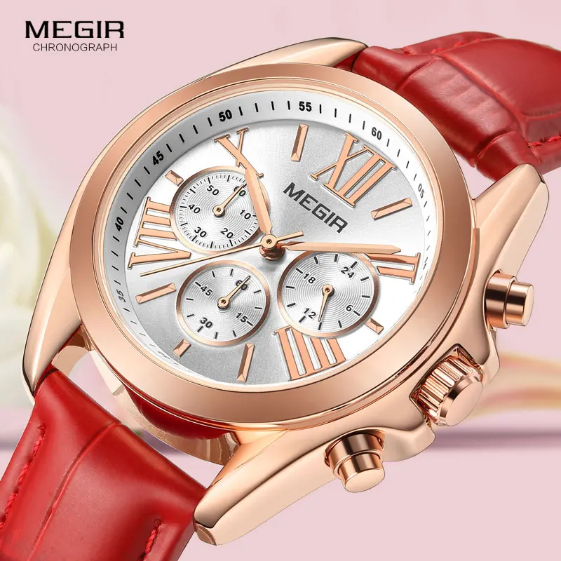 

MEGIR Women's Casual Quartz Red Watches Chronograph Leather Strap Business Wristwatch for Lady Relogios Feminiinos Clock 2114