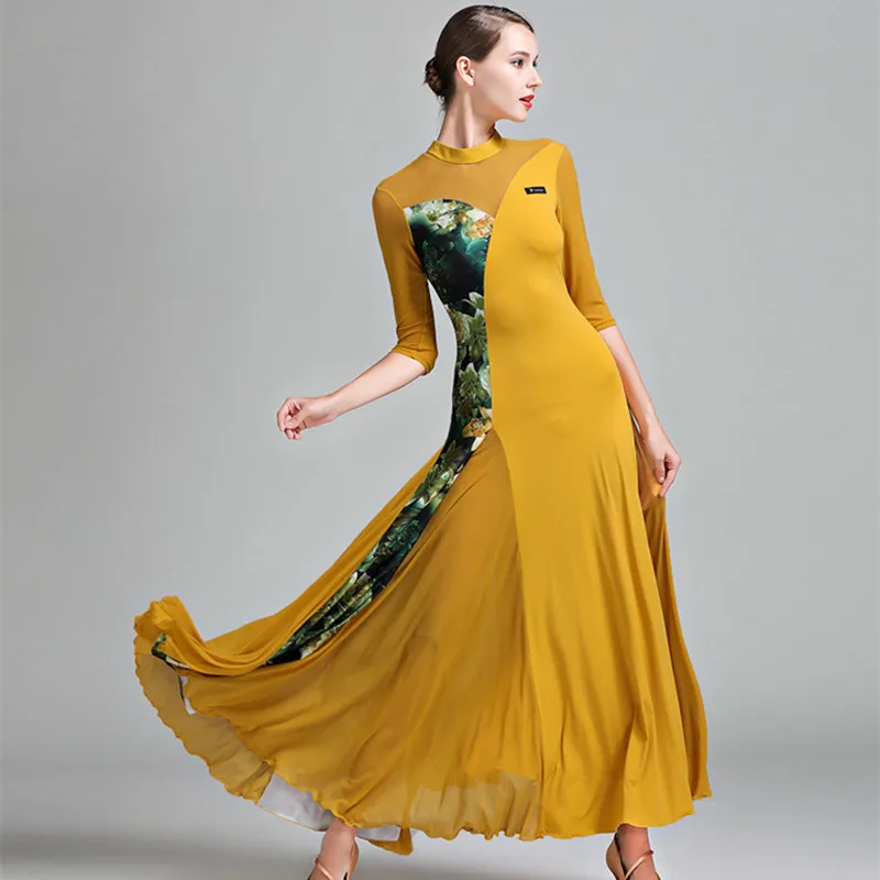 Floral Contrast Color Ballroom Dress Woman Waltz Dance Costume Spanish Flamenco Dress Fox Trot Party Ballroom Dance Clothing