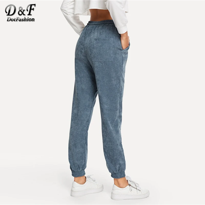 Dotfashion البحرية جيب الديكور الصلبة سروال قصير السراويل النساء بناطيل كاجوال 2019 الخريف الأزياء النسائية الرباط قيعان السراويل