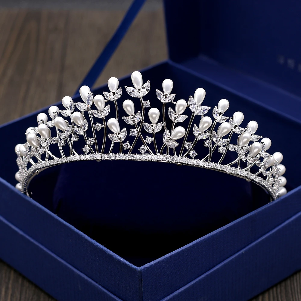 

Fashion Brides Wedding Crown Tiara AAA Cubic Zirconia Coronet Headband Simulated Pearl Headpiece Hair Ornament Princess Hairwear
