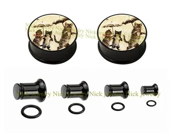 

Wholesale retro cats image plug single flare ear plug ear gauges stretcher expander mix 6-25mm 60pcs/lot NSFP-003