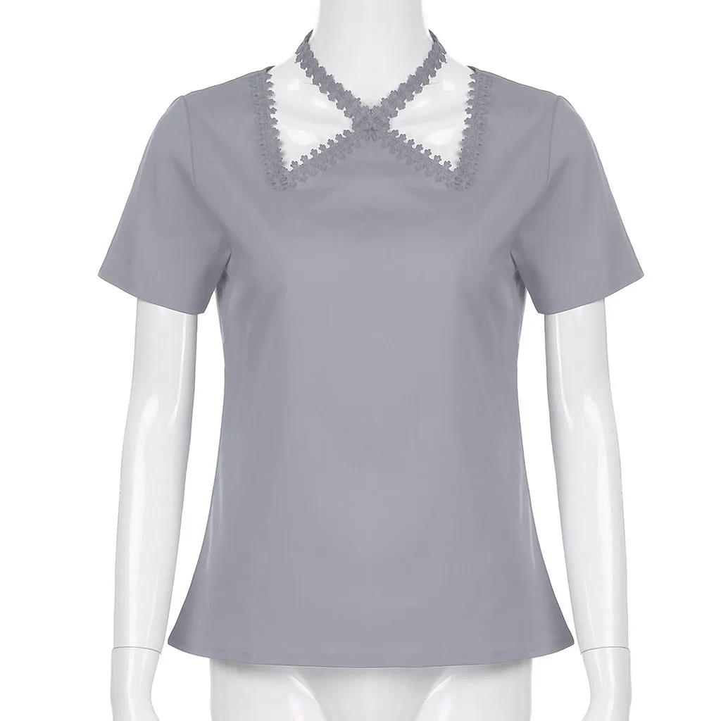 Летние модные повседневные однотонные топы, шифоновая кружевная блузка, свободная футболка, женская рубашка с коротким рукавом, Blusas Femininas, одежда