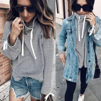 

Ladies Women Hoodies Autumn Striped Long Sleeve Sweatshirt Jumper TurtleTops