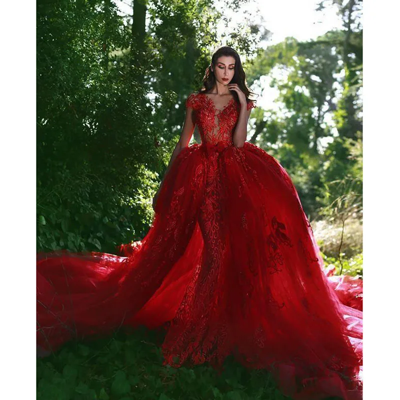 Gorgeous Red Mermaid Wedding Gowns with Detachable Tulle Train Fashion Appliqued Lace Bridal Gowns 2018 Arab Banquet Party Dress259