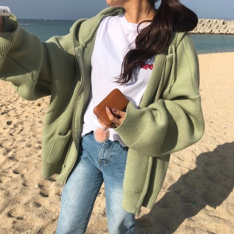 2019 Новый кашемировый свитер осень-зима корейский Кардиган для девочек с капюшоном молнии свободный оверсайз кардиган плотная одежда