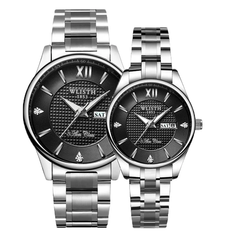 Пара Наручные часы Высокое качество Топ Марка wlisth Бизнес часы для Для мужчин час Для женщин часы с двойным календарем женские часы для влюбленных - Цвет: Steel Silver Black