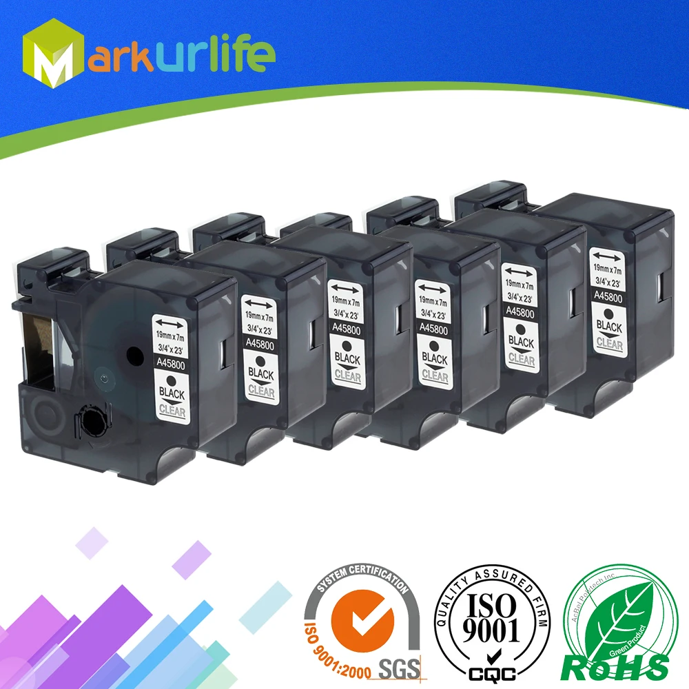6 шт./лот совместимый с DYMO D1 лейбл скотч 19 мм 45800 S0720820 черный на прозрачной для Dymo