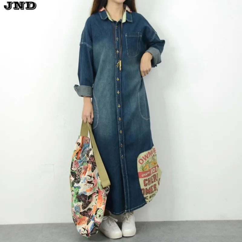 Free Shipping 2016 New Fashion Denim Long Coat For Women Plus Size Loose Jeans Outerwear Long Sleeve Dresses Single-breasted