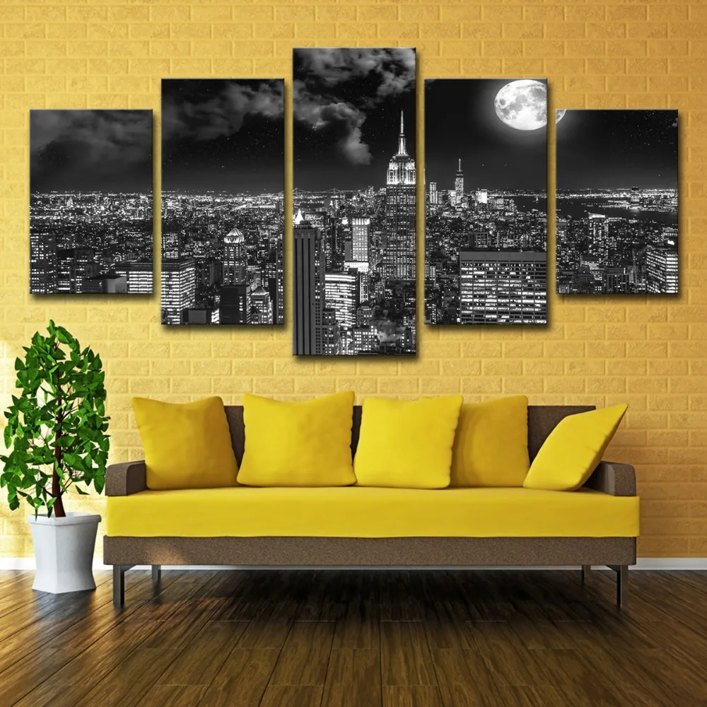 5P0175 Canvas Prints Poster Wall Art Pictures 5 Pieces Surreal City Night Brightly Moon Landscape Paintings Living Room Decor Framework 