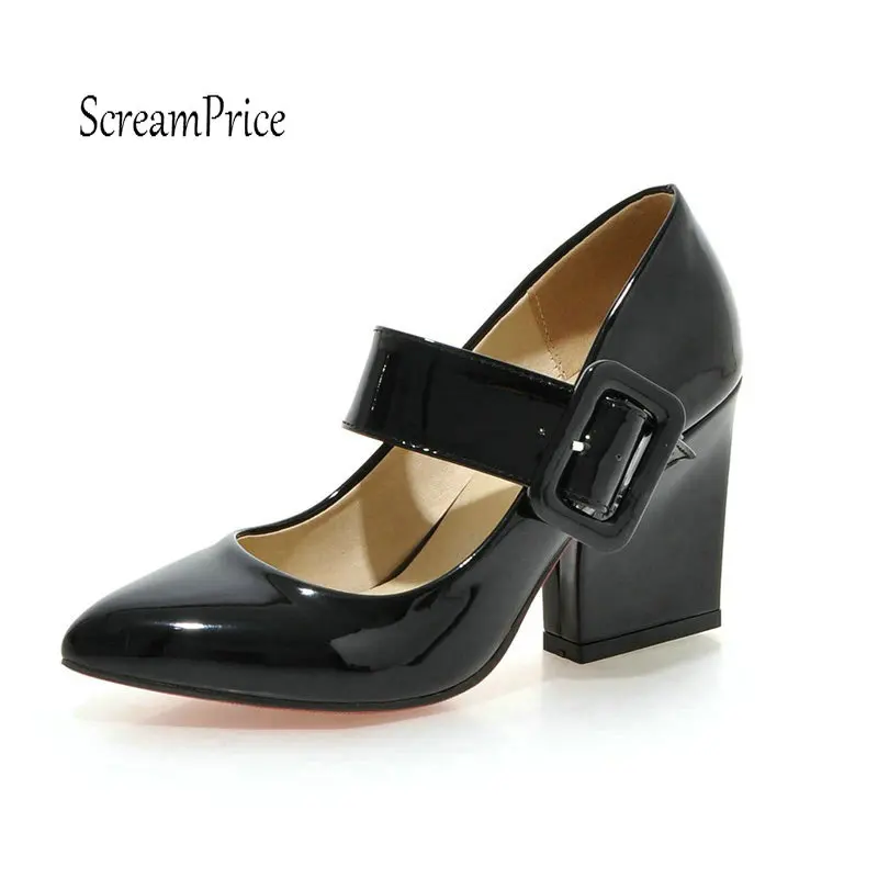 

Ankle Strap Thick High Heel Pumps Fashion Pointed Toe Buckle Strap Dress Spring Autumn Shoes Woman