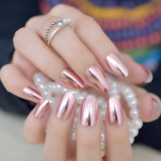Matte Metal Nail Art Tips Light Pink Metallic Mirror Pre Designed Matte Metal Nail Art Tips Light Pink Metallic Mirror Pre Designed Fake Nails Fairy Oval