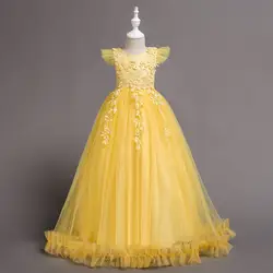 X089 цветок разработан Одежда для девочек церемонии платья для вечеринок элегантные длинные Пышное Платье обувь девочек Желтый Пром