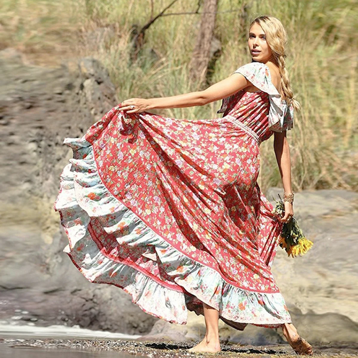 

Floral Ruffles Maxi Dress Women Summer Short Sleeve Off Shoulder Sexy Dresses 2019 Clothes Beach Vintage Boho Print Long Dress