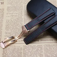 En Fiber De carbone Bracelet + véritable en cuir rouge piqué rosegold boucle 20mm 22mm noir montre accessoires bracelet montre bracelet bande