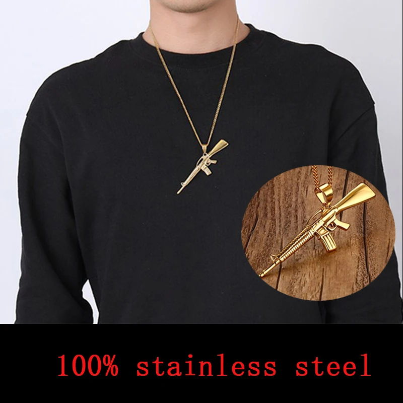 

Oulai777 2019 Stainless Steel Mens Necklaces & Pendant Chain men gold Machine gun male decoration Pendant Necklace punk jewelry