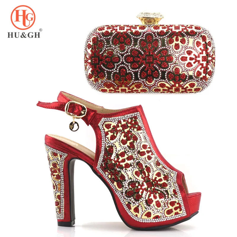 

New Arrival Red Color Shoes and Bag Set with Rhinestone High Quality Matching Italian Shoes and Bag Set for Wedding African Shoe
