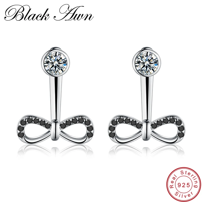 

[BLACK AWN] Genuine 925 Sterling Silver Earrings Bow-knot Black Spinel Stud Earrings for Women Sterling Silver Jewelry T115