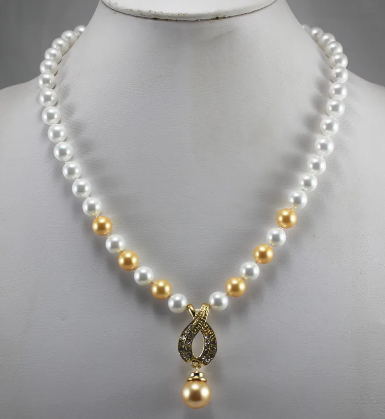 

simple and noble 8mm white & yellow shell pearl necklace+14mm pendant necklace
