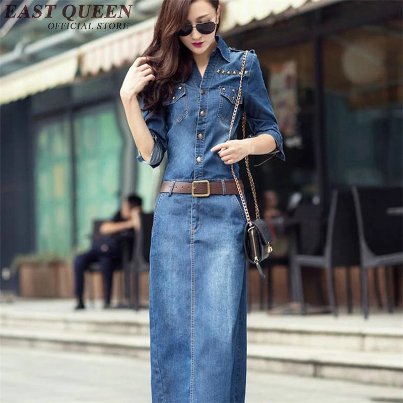 KK1849 Vestidos vaqueros de estilo moderno para mujer, ropa calle informal, invierno y otoño, 2018|jeans dress women|long dressdenim dress -