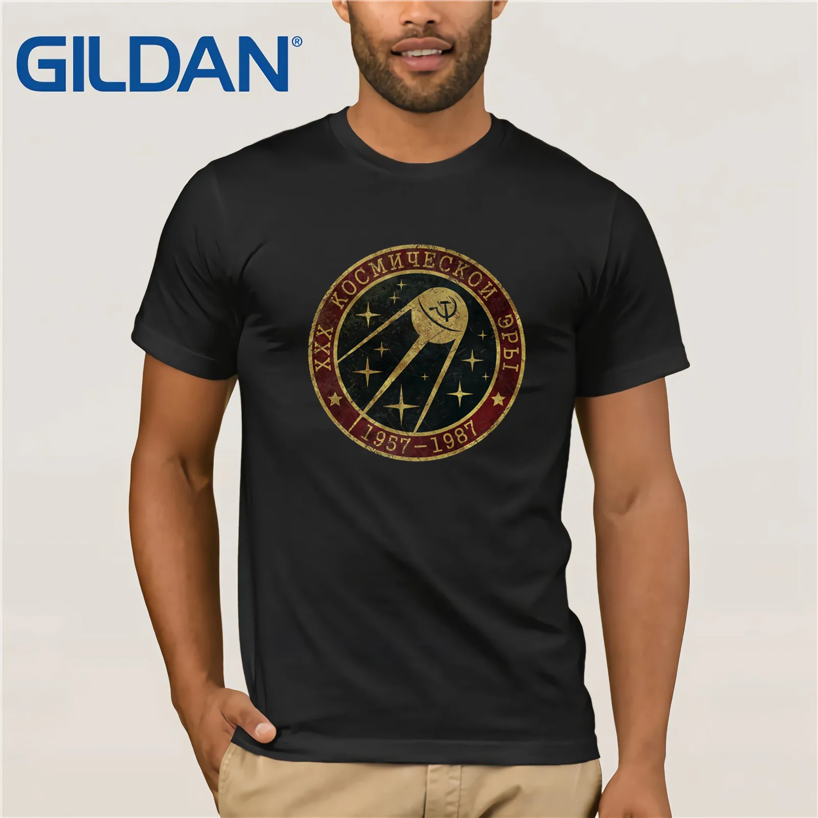 

Gildan Brand Russia CCCP SPUTNIK ROUND BADGE V01 Space Exploration Program T-Shirt Summer Men's Short Sleeve T-Shirt