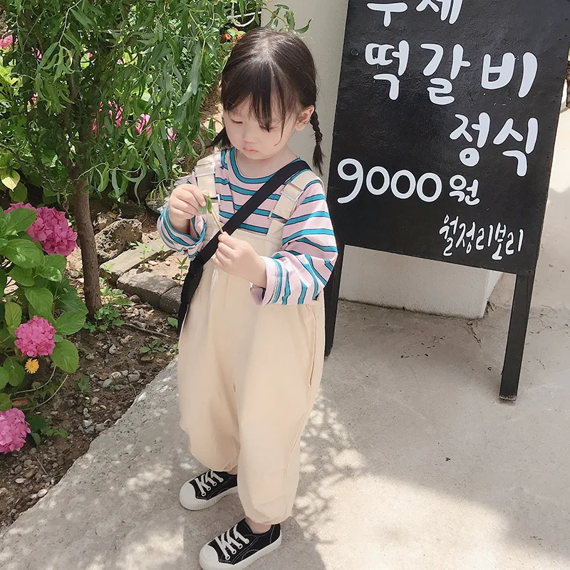 

Autumn cute girls fashion loose solid color overalls 2019 kids all-match casual 2 colors suspender trousers