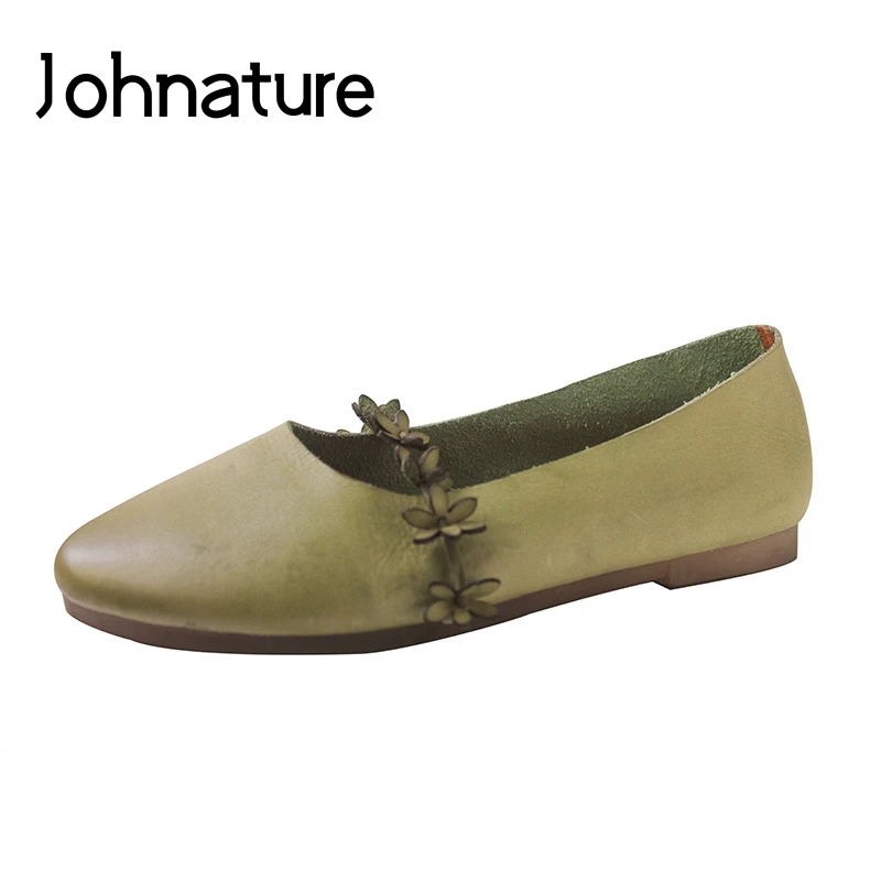 

Johnature Spring/Summer 2019 New Genuine Leather Casual Round Toe Flower Retro Shallow Flat Slip-on Women Shoes