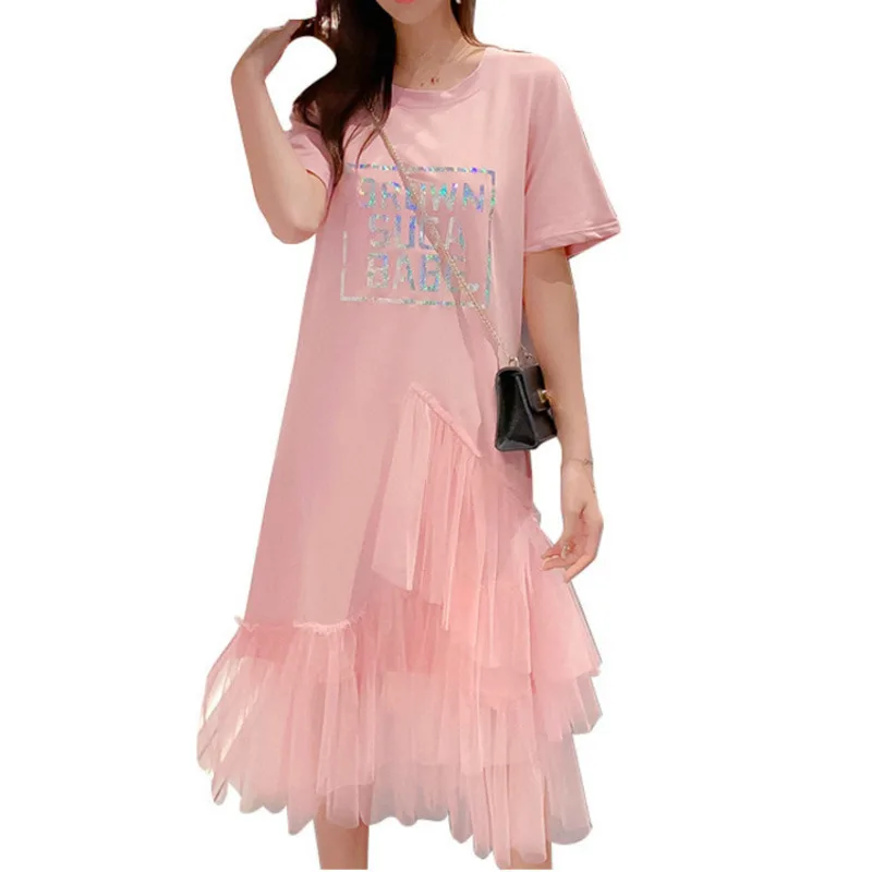 

Reflective Letter Print Irregular Shirt Dress Women Layer Ruffles Mesh Long Dresses Summer Loose Casual High Street Sundress 3XL