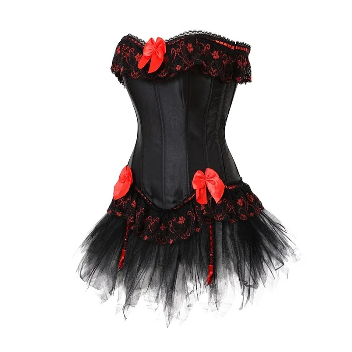 Корсет платье кружевной корсет вечерние платье с мини юбка-пачка набор нарядное женское платье Готический Корсет Бюстье размера плюс S-6XL - Цвет: Black0797008
